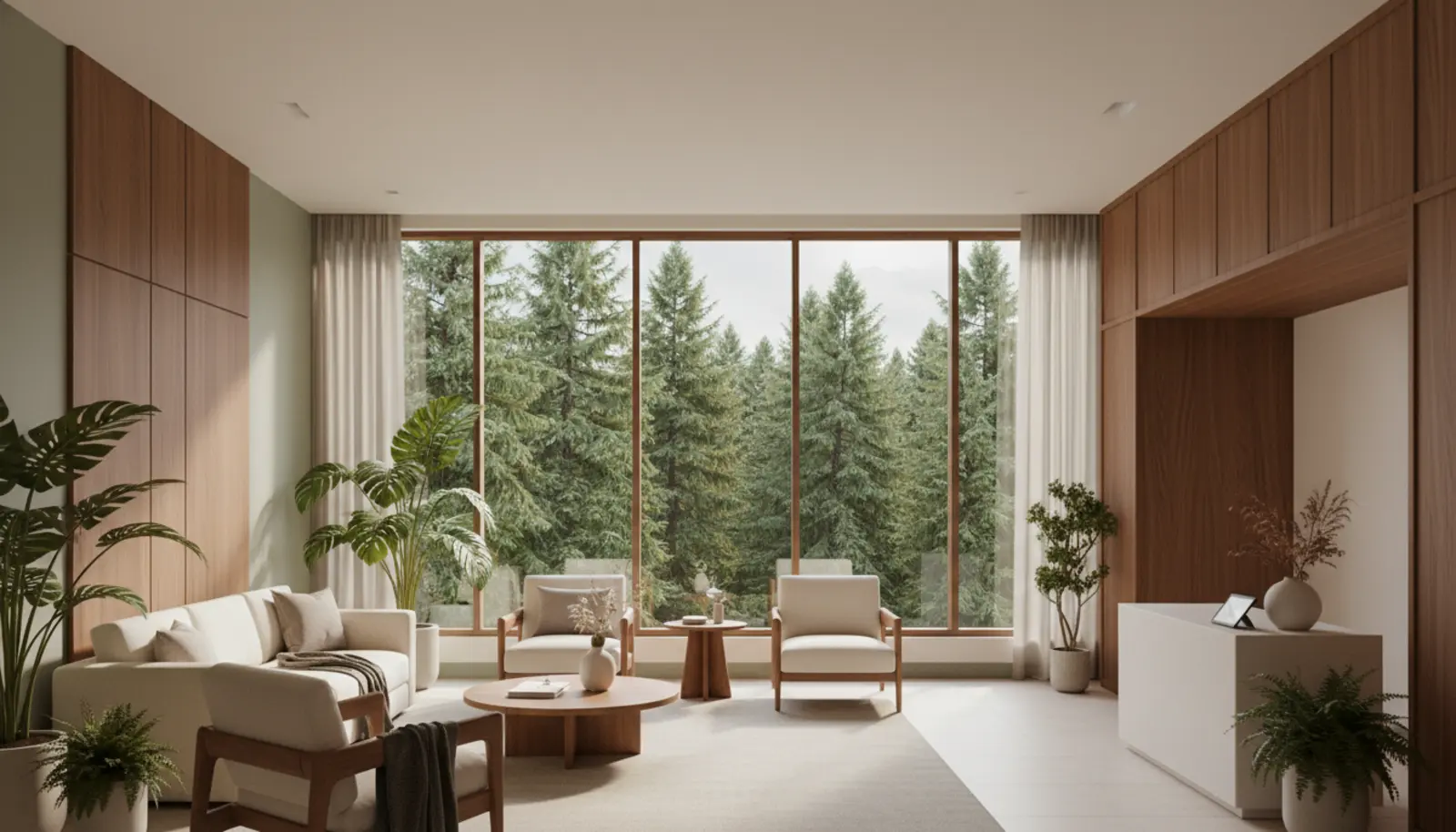 The clinic interior with a forest view