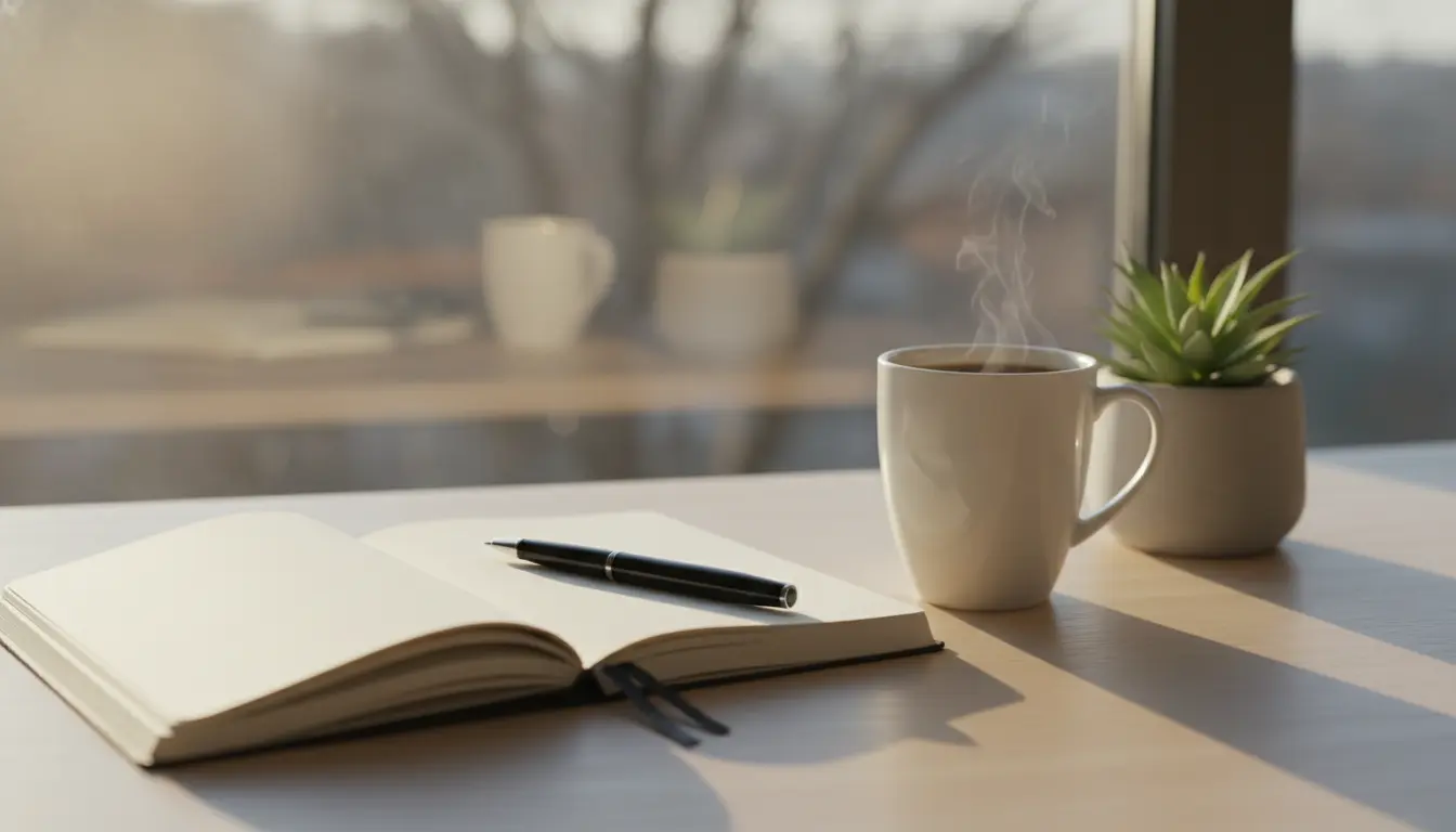 A notebook and coffee, ready for the visit