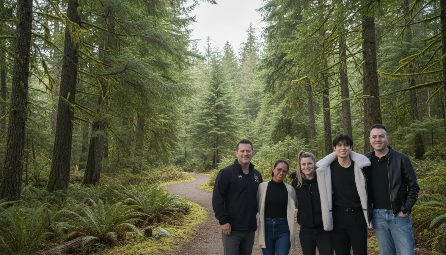 The team on a trail in the Pacific Northwest