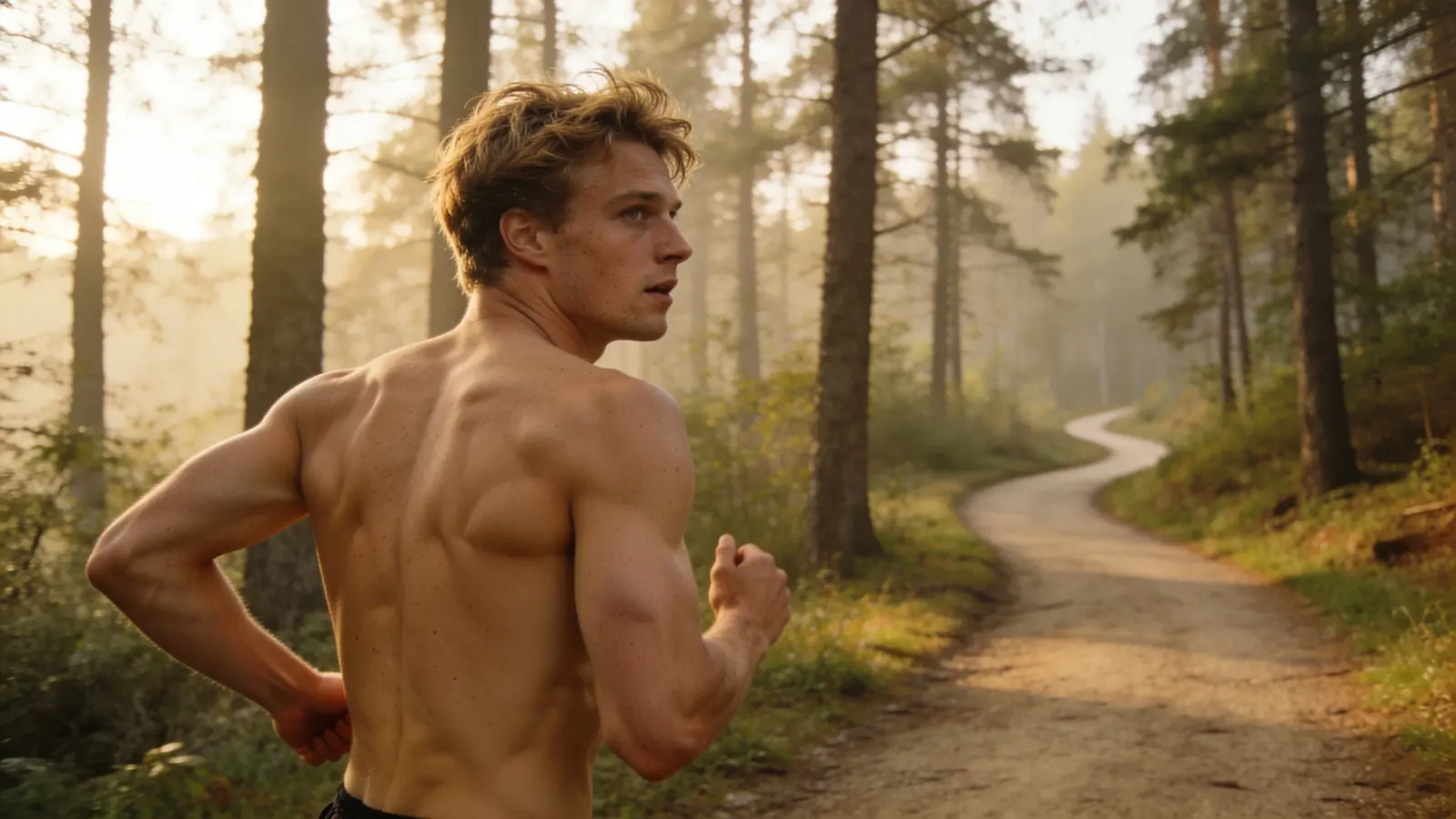 Fit young man running on a sunlit forest trail at morning