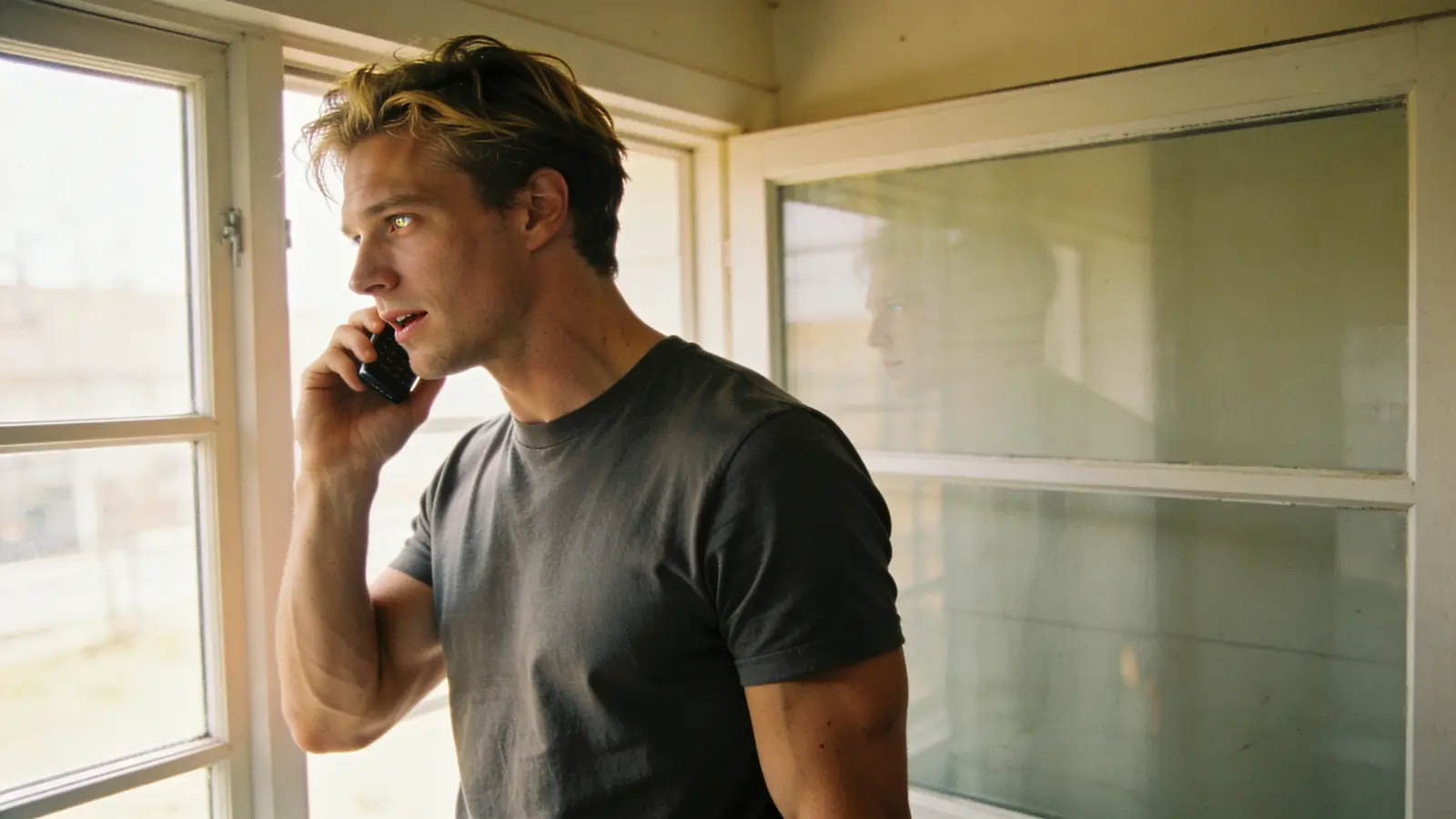 Young man on the phone by a window having an honest conversation