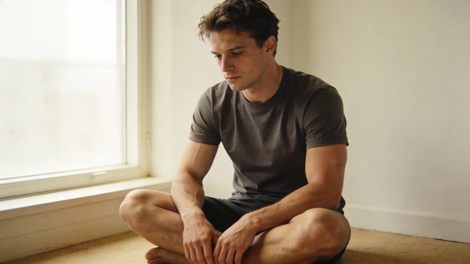 Composed young man sitting cross-legged by a bright window, self-possessed
