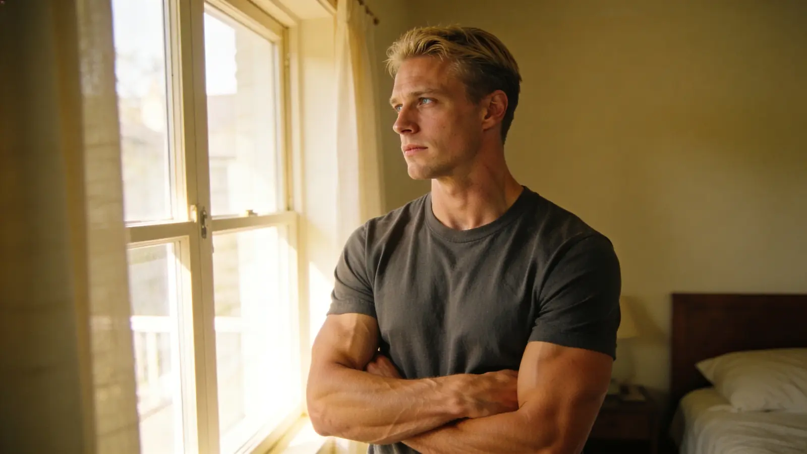 A calm, confident young man stands by a window in a charcoal t-shirt