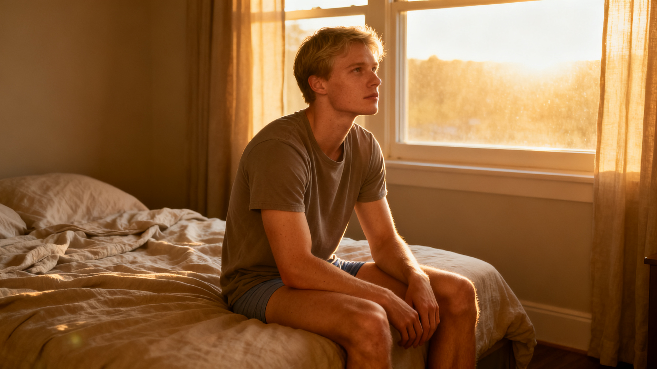 Man sitting on edge of bed in morning light